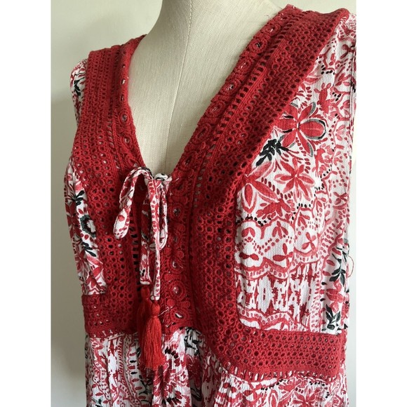 Torrid Babydoll Tank Top Lace-Up Crochet Sleeveless Red Floral Boho 1X - Picture 7 of 14
